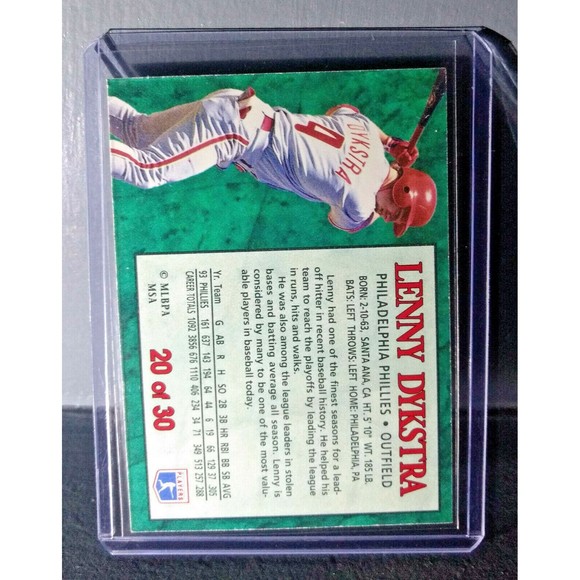 1994 Lenny Dykstra Post Collection #20 Baseball Card Philadelphia Phillies - Picture 2 of 2